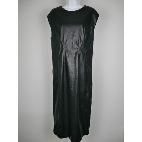 NWT CALVIN KLEIN Women's Black Faux-leather Mixed-Media Sleeveless Dress 12 - Picture 2 of 8